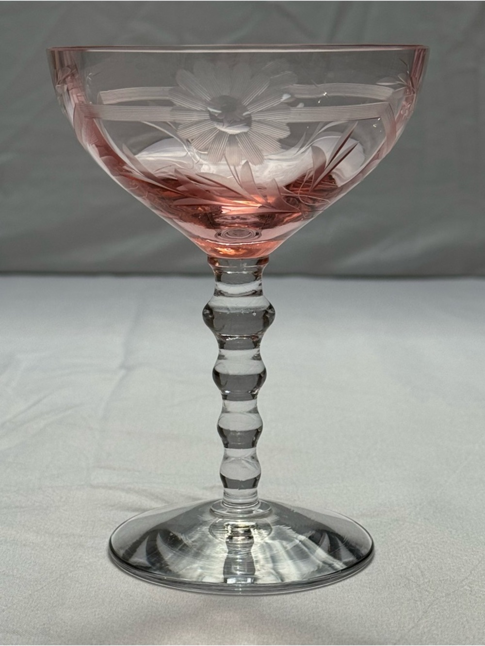 SET OF 6 VTG PINK DEPRESSION GLASS CHAMPAGNE / SHERBET ETCHED OPTIC FANCY STEM